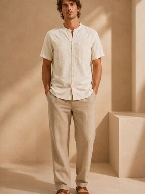 Men’s Linen Shirt Beige Collarless Minimalist short sleeves Coastal  Button Up